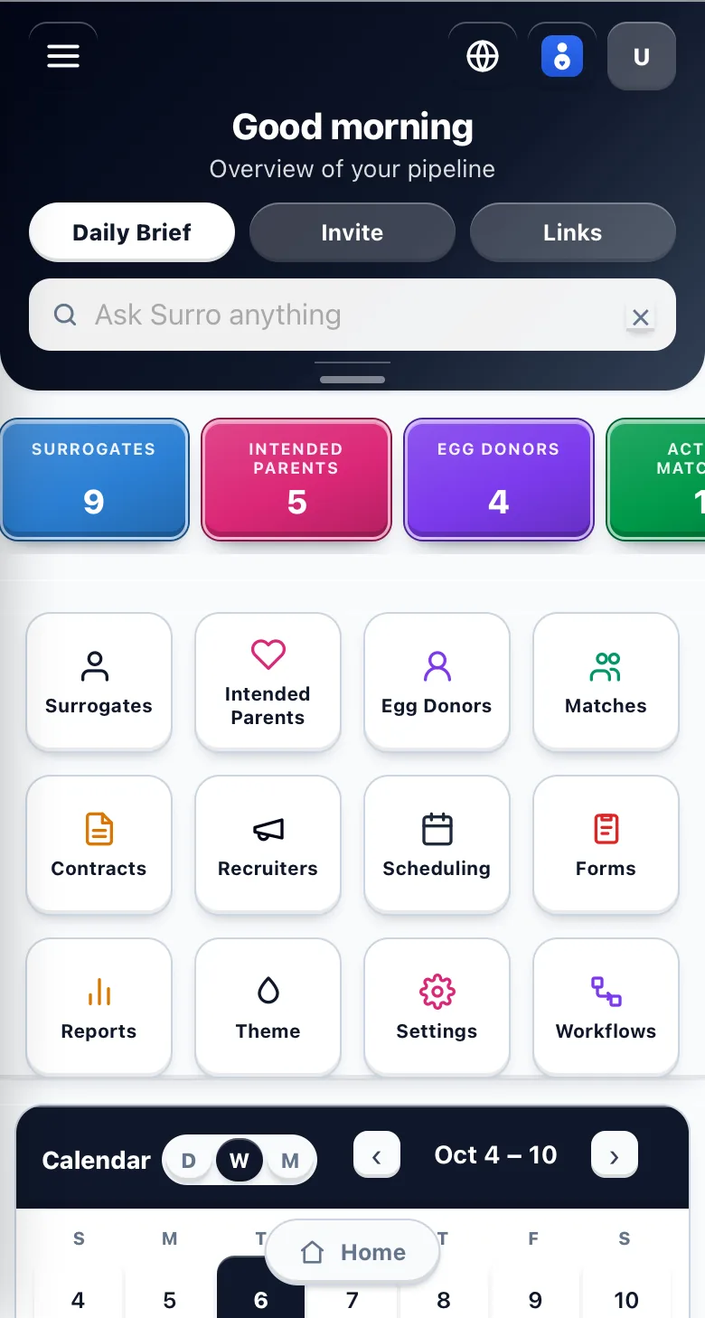 The SurroHub dashboard on a phone